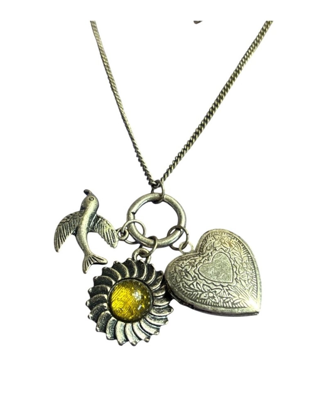 Vintage 90s Silvertone Charm Necklace Floral Heart Locket Bird Sunflower Yellow